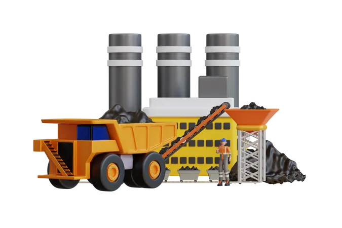Transportador Y Transporte De La Industria Minera Del Carbon Camiones Volquete Que Transportan Carbon A La Planta Minera Y De Procesamiento Ilustracion 3 D 3D Illustration