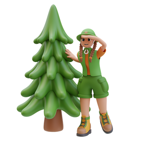 Camper Girl Making Visor with Her Hand and Looking Behind Pine Tree  3D Illustration