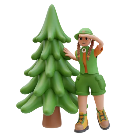 Camper Girl Making Visor with Her Hand and Looking Behind Pine Tree  3D Illustration