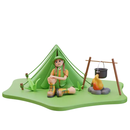 Camper Girl Sitting Near Tent and Campfire with Food  3D Illustration