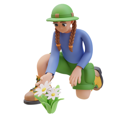 Camper Girl Touch Daisy Flower  3D Illustration