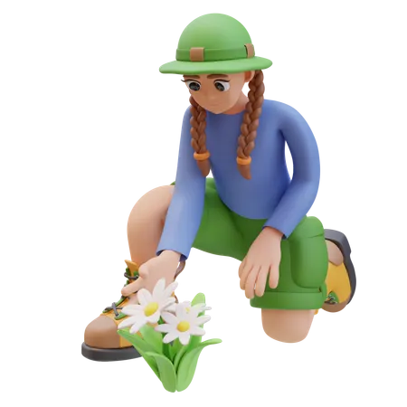 Camper Girl Touch Daisy Flower  3D Illustration