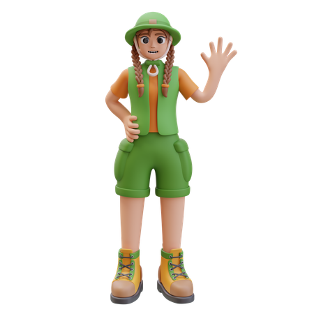 Camper Girl Waving Hand In Greeting Gesture  3D Illustration