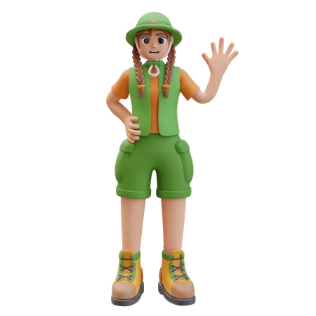 Camper Girl Waving Hand In Greeting Gesture  3D Illustration