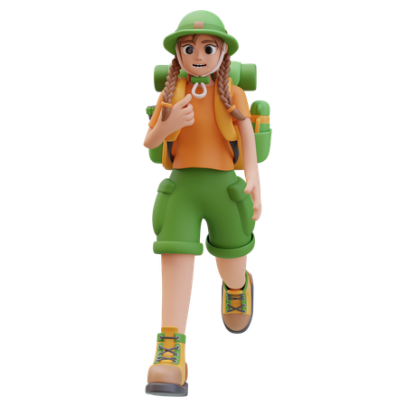 Camper Girl with Backpack Goes Forward  3D Icon