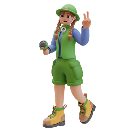 Camper Girl With Flashlight Showing Victory Sign  3D Illustration