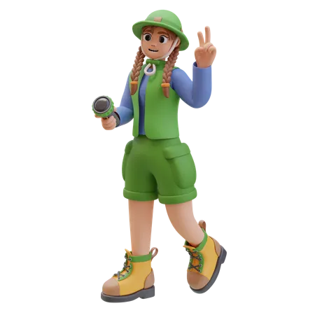 Camper Girl With Flashlight Showing Victory Sign  3D Illustration