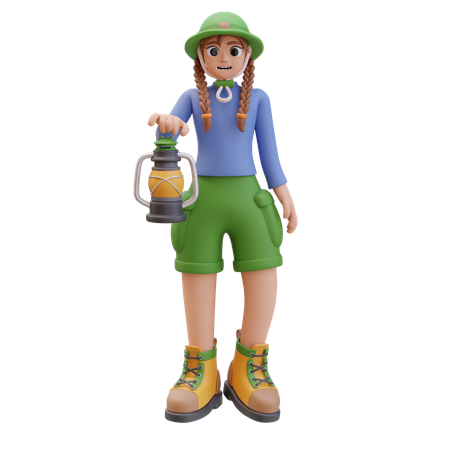 Camper Girl With Kerosene Lantern  3D Illustration