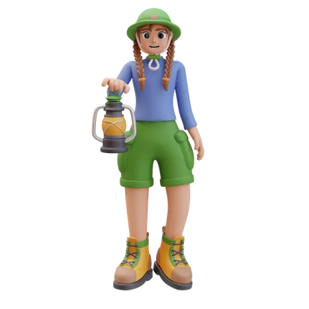 Camper Girl With Kerosene Lantern  3D Illustration