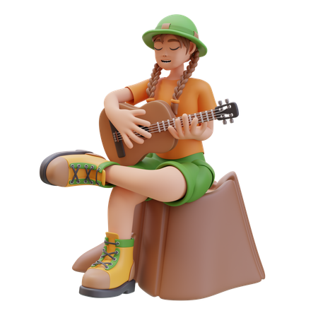 Camper-Mädchen sitzt auf Baumstumpf und spielt Akustikgitarre  3D Illustration