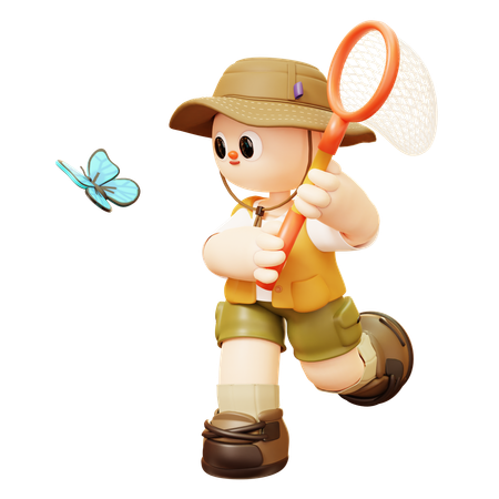 Camper Man Catch Butterfly With Net  3D Illustration
