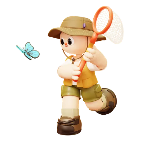 Cute Cartoon 3 D Smile Happy Camper Young Man Character Catch Blue Monarch Butterfly With Net In Camp In Outdoor Camping Or Scout Uniform Healthy Lifestyle Tourist Camp Tents 3D Illustration