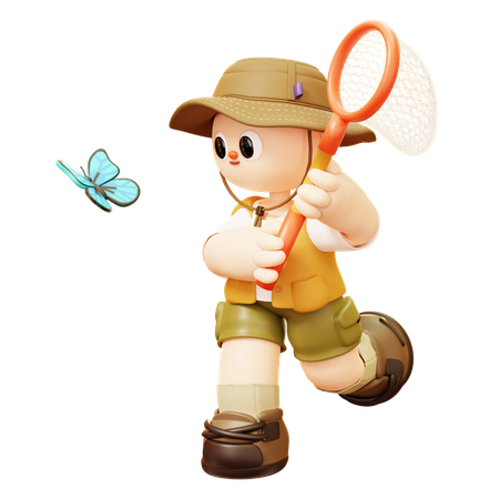 Camper Man Catch Butterfly With Net  3D Icon