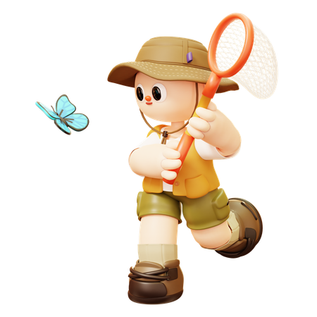 Camper Man Catch Butterfly With Net  3D Illustration