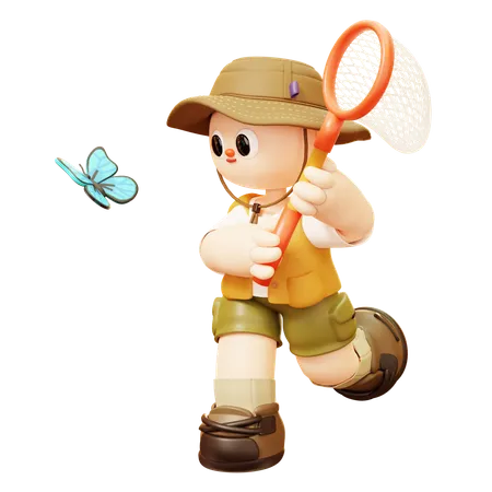 Camper Man Catch Butterfly With Net  3D Illustration