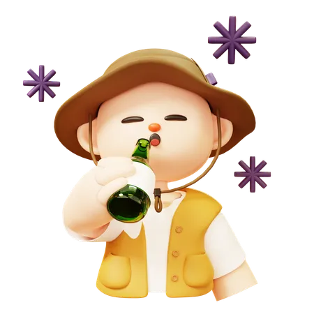 Cute Cartoon 3 D Camper Young Man Character Drinking Alcohol Bottle Drinks Having Party In Outdoor Camping Or Scout Uniform Healthy Lifestyle Tourist Camp Tents Celebrating Holiday Event 3D Illustration