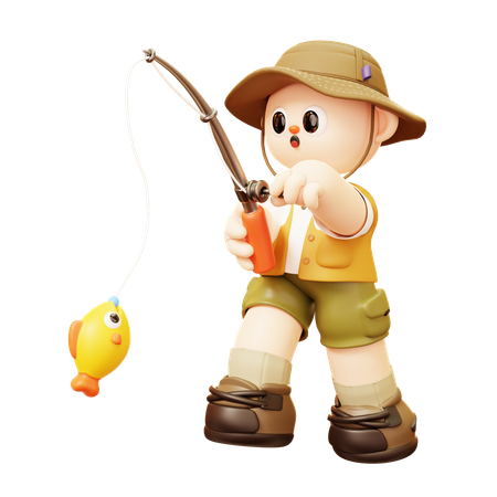 Camper Man Excited Fishing  3D Illustration