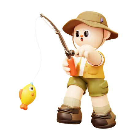 Camper Man Excited Fishing  3D Illustration