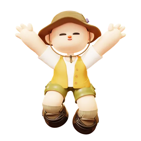 Cute Cartoon 3 D Camper Young Man Character Jumping For Joy Celebrating In Outdoor Camping Or Scout Uniform Healthy Lifestyle Tourist Camp Tents 3D Illustration