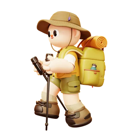 Cute Cartoon 3 D Smile Happy Camper Young Man Character Walk Hiking Trekking Or Trail In Outdoor Camping Or Scout Uniform Healthy Lifestyle Tourist Camp Tents 3D Illustration