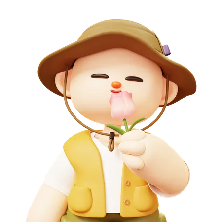 Cute Cartoon 3 D Camper Young Man Character Happy Holding Pink Tulip Flower And Sniff The Scent In Outdoor Camping Or Scout Uniform Healthy Lifestyle Tourist Camp Tents 3D Illustration