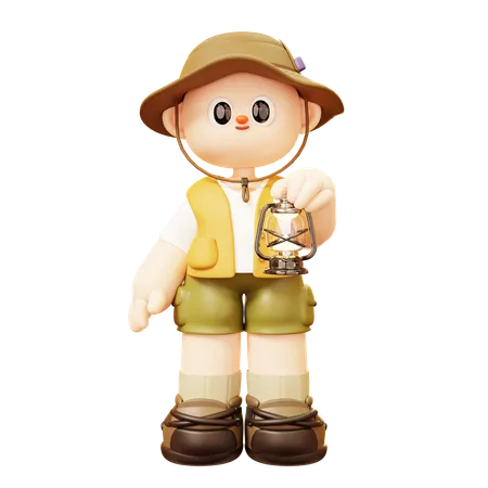 Cute Cartoon 3 D Smile Happy Camper Young Man Character Holding Lantern In Camp In Outdoor Camping Or Scout Uniform Healthy Lifestyle Tourist Camp Tents 3D Illustration