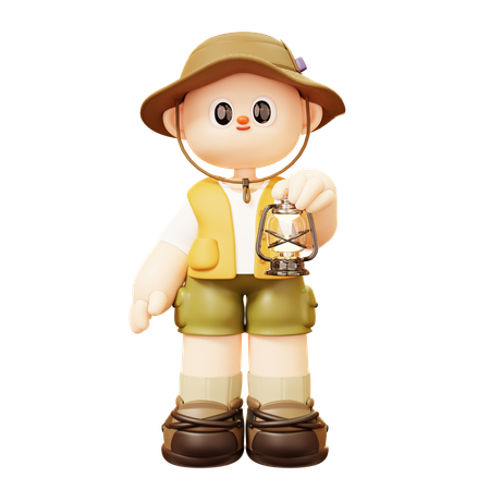 Camper Man Holding Lantern  3D Illustration