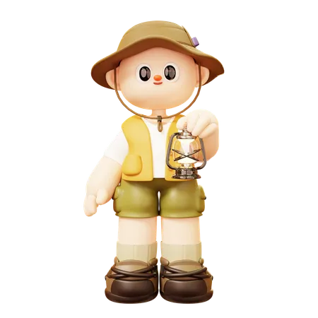 Camper Man Holding Lantern  3D Illustration