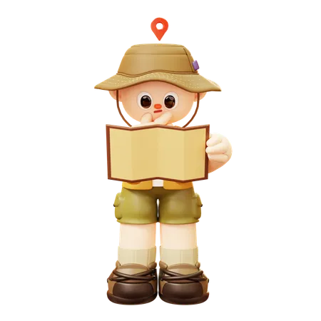 Cute Cartoon 3 D Curious Camper Young Man Character Looking At Map In Camp In Outdoor Camping Or Scout Uniform Healthy Lifestyle Tourist Camp Tents 3D Illustration