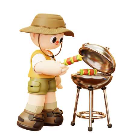 Camper Man Picnic With Bbq  3D Illustration