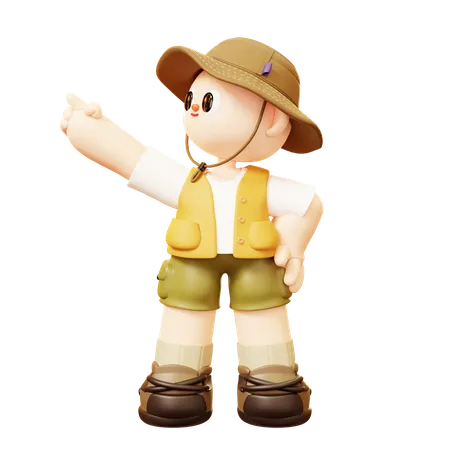 Cute Cartoon 3 D Camper Young Man Character Camper Man Pointing With His Finger In Outdoor Camping Or Scout Uniform Tourist Camp Tents 3D Illustration