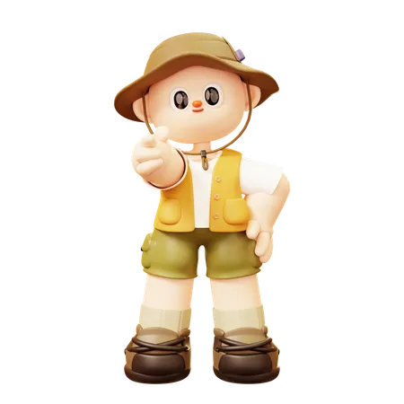 Cute Cartoon 3 D Camper Young Man Character Camper Man Pointing With His Finger In Outdoor Camping Or Scout Uniform Tourist Camp Tents 3D Illustration