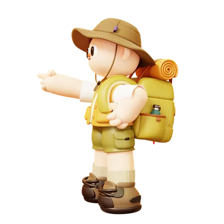 Camper Man Pointing With His Finger With Backpack  3D Illustration