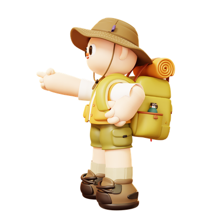 Camper Man Pointing With His Finger With Backpack  3D Illustration