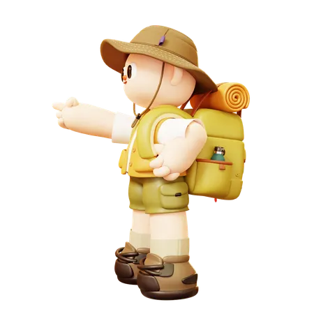 Cute Cartoon 3 D Camper Young Man Character Pointing With His Finger With Backpack In Outdoor Camping Or Scout Uniform Tourist Camp Tents 3D Illustration