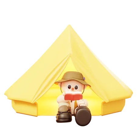 Cute Cartoon 3 D Camper Young Man Character In Camping Or Scout Uniformo Reading Red Book In Hiking And Outdoor Camping Yellow Tent Tourist Camp Tents Healthy Lifestyle 3D Illustration