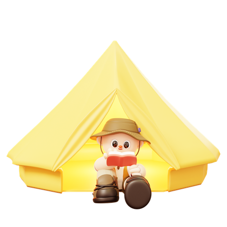 Camper Man Reading Book In Tent  3D Illustration