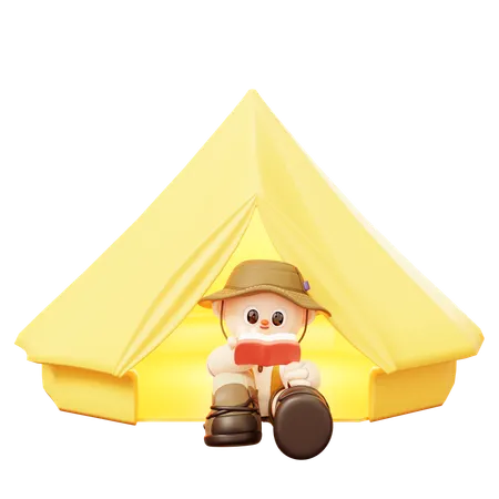 Camper Man Reading Book In Tent  3D Illustration