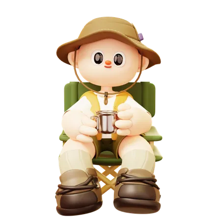 Cute Cartoon 3 D Smile Happy Camper Young Man Character Sitting And Drinking In Camp Chair In Outdoor Camping Or Scout Uniform Healthy Lifestyle Tourist Camp Tents 3D Illustration