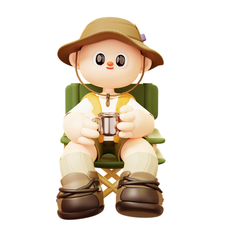 Camper Man Sitting And Drinking In Camp Chair  3D Icon