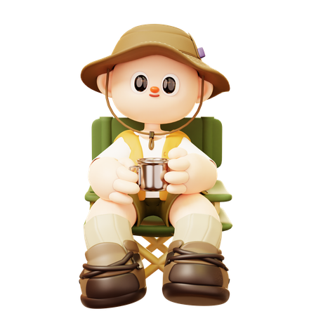 Camper Man Sitting And Drinking In Camp Chair  3D Illustration