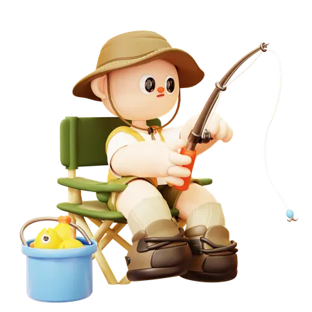 Cute Cartoon 3 D Smile Happy Camper Young Man Character Sitting And Fishing With Fish Bucket In Camp Chair In Outdoor Camping Or Scout Uniform Healthy Lifestyle Tourist Camp Tents 3D Illustration