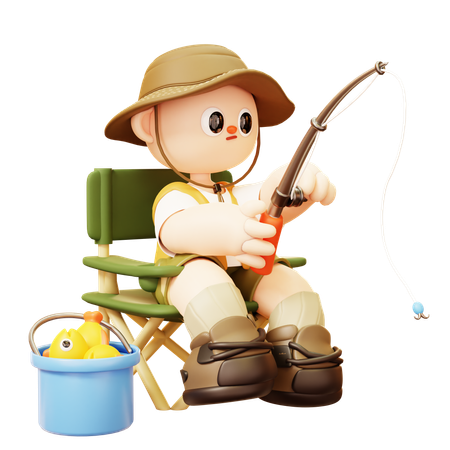 Camper Man Sitting And Fishing In Camp Chair With Fish Bucket  3D Icon