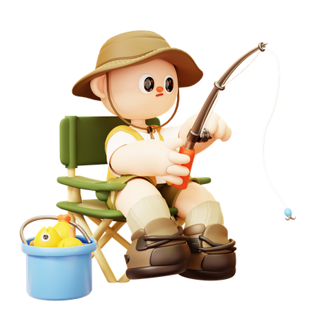 Camper Man Sitting And Fishing In Camp Chair With Fish Bucket  3D Illustration