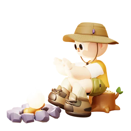 Cute Cartoon 3 D Smile Happy Camper Young Man Character Sitting At Campfire In Outdoor Camping Or Scout Uniform Healthy Lifestyle Tourist Camp Tents 3D Illustration