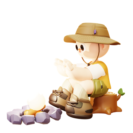 Camper Man Sitting At Campfire  3D Illustration