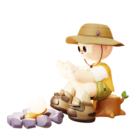 Camper Man Sitting At Campfire  3D Illustration