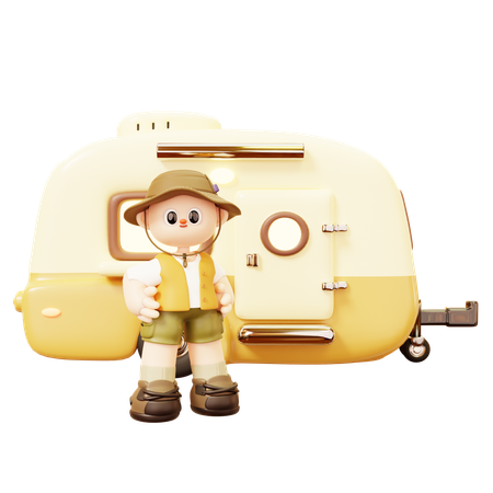 Camper Man Standing Front Of Camper Van  3D Illustration