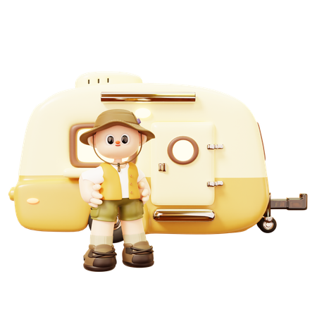 Camper Man Standing Front Of Camper Van  3D Icon