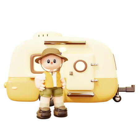 Camper Man Standing Front Of Camper Van  3D Illustration